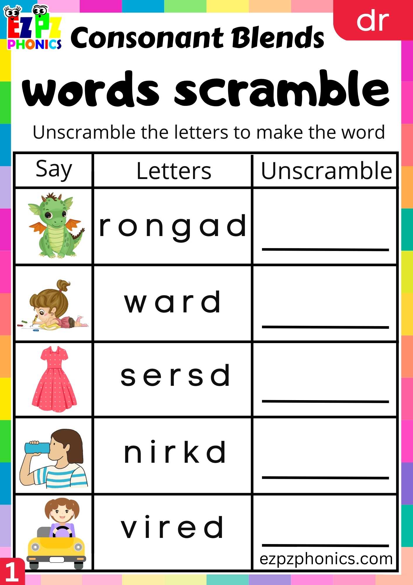 Group1 DR Words Words Scramble Phonics Consonant Blends Worksheet